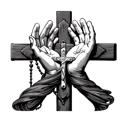 rosary wrapped around pray hands with enough room on the cross to put two dates   tattoo design idea