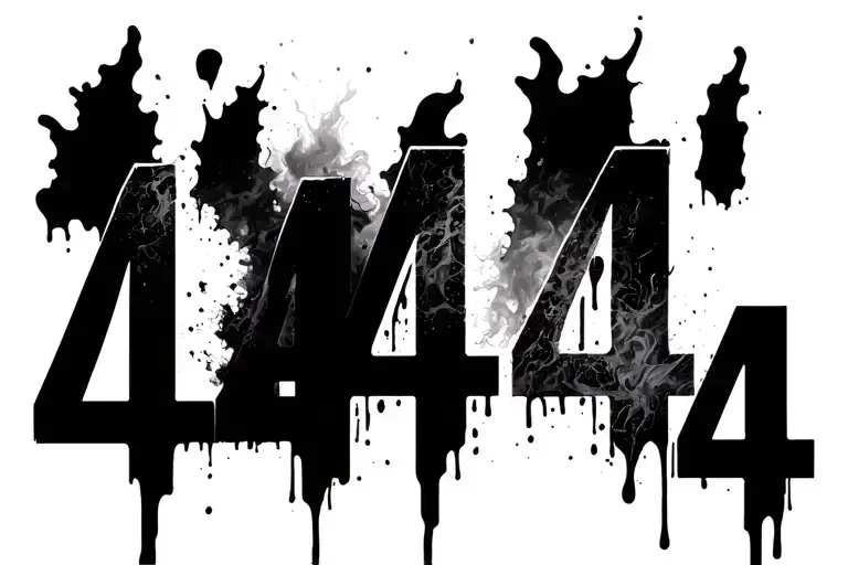 "444" bleeding, rage, and loneliness, with fractured numbers, blood splashes, smoky shadows, and hidden ghost-like figures. tattoo design idea