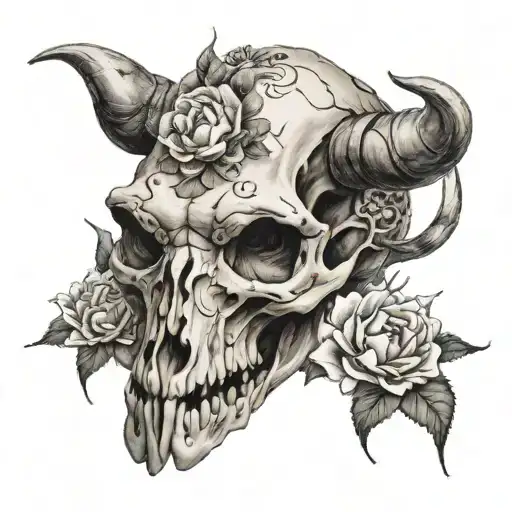 Japanese flowers boar skull tattoo design idea