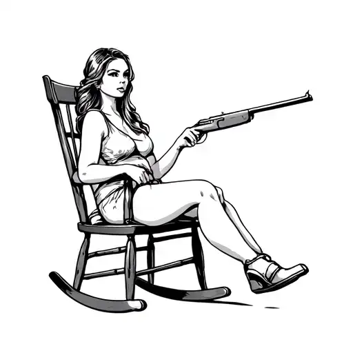 woman sitting rocking chair with shotgun western tattoo design idea