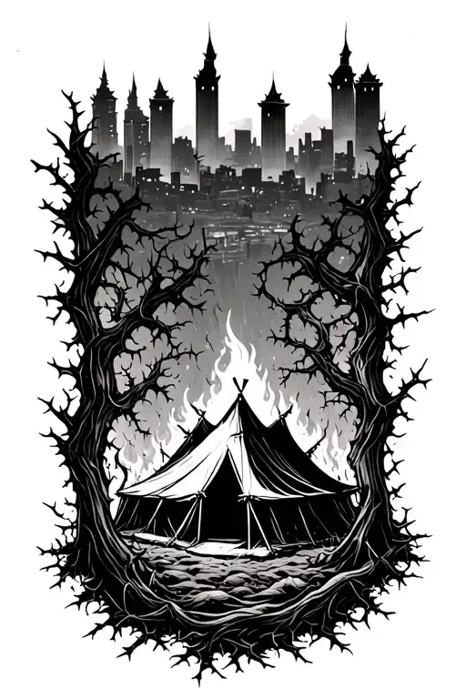 a small city far in the background, a tent being consumed by thorny vines with a scattered fire tattoo design idea