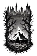 a small city far in the background, a tent being consumed by thorny vines with a scattered fire tattoo design idea