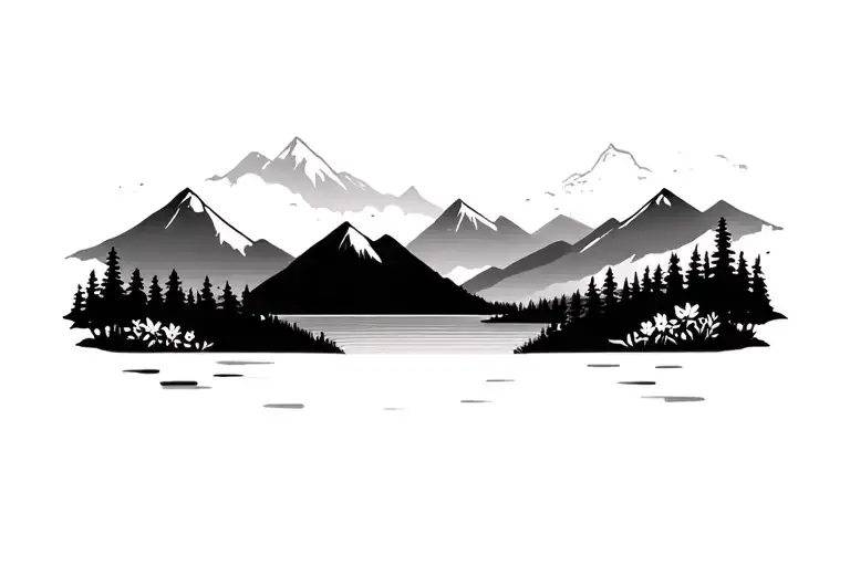 mountain background with trees and lake with flowers below tattoo design idea
