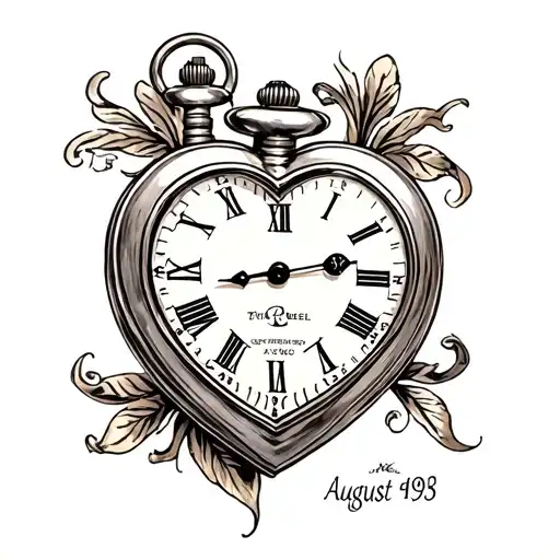heart shaped pocket watch in front of an August 1985 calander tattoo design idea