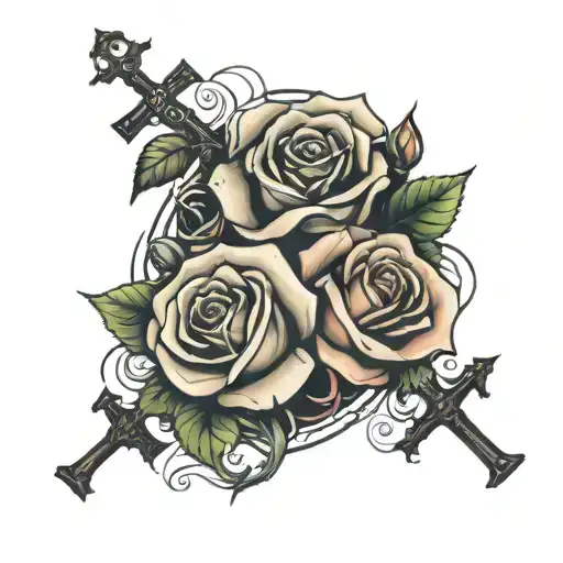 roses and crosses with 2 faces 1 angry and the other calm tattoo design idea