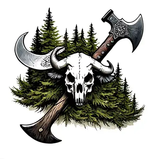 cross axes with leather handles in pine trees and  buffalo skulls  tattoo design idea