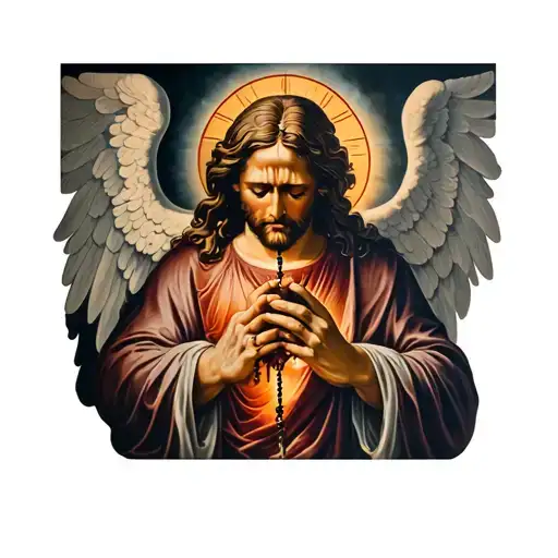 crying angel with praying hands holding a rosary and saint micheal slaying demons in hell tattoo design idea