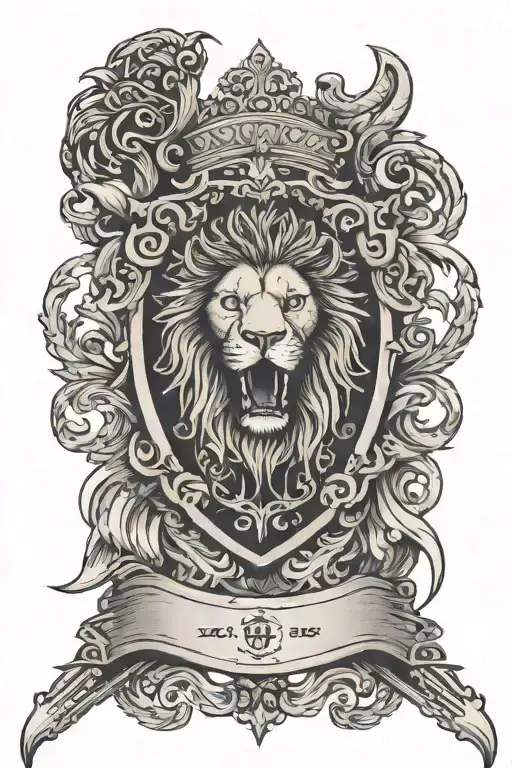An ornate shield with biblical scripture and a lion emblem, surrounded by swords tattoo design idea