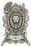 An ornate shield with biblical scripture and a lion emblem, surrounded by swords tattoo design idea