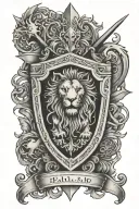 An ornate shield with biblical scripture and a lion emblem, surrounded by swords tattoo design idea