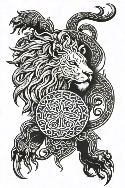 Viking and Celtic Symbolism:  Add intricate Celtic knotwork flowing around the lion for balance and interconnectedness.  tattoo design idea