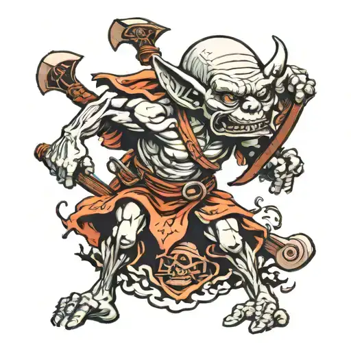goblin standing on dead bodies with axe tattoo design idea