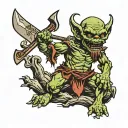 goblin standing on dead bodies with axe tattoo design idea