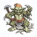 goblin standing on dead bodies with axe tattoo design idea