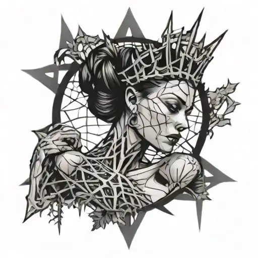 BlackinkAIcon of a woman in a diarama, crown of thorns above her head, spider web around the diarama tattoo design idea