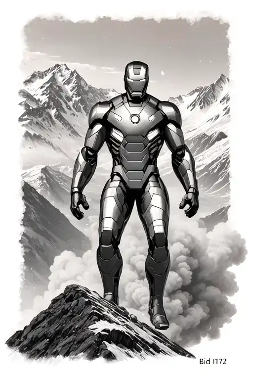 “Iron Man ascending in black & grey, smoke below feet, Alps in background, bib 1172 on arm, vertical tattoo tattoo design idea