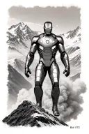 “Iron Man ascending in black & grey, smoke below feet, Alps in background, bib 1172 on arm, vertical tattoo tattoo design idea