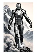 “Iron Man ascending in black & grey, smoke below feet, Alps in background, bib 1172 on arm, vertical tattoo tattoo design idea