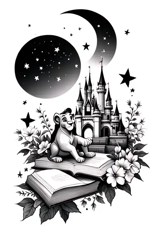 moon stars, disney castle, simba, flowers, books tattoo design idea
