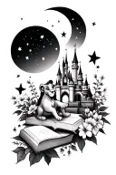 moon stars, disney castle, simba, flowers, books tattoo design idea