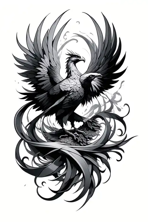 A detailed black-and-gray forearm tattoo, combining a rising phoenix intertwined with flowing geometric patterns l tattoo design idea