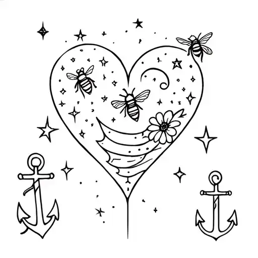 fine line celestial heart, with stars, a moon, a bee, a musical note note, an anchor and a flower tattoo design idea