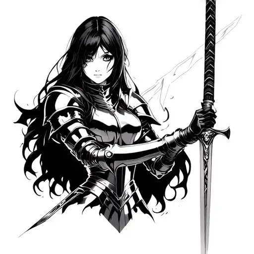 female anime knight holding a sword with cyber sigilism as background tattoo design idea