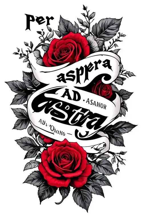 Center the Latin phrase ‘Per aspera ad astra’ in a Gothic font along the forearm. Surround it with crimson roses with ar tattoo design idea
