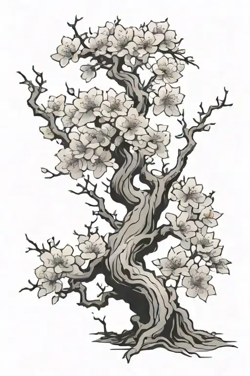 Vertical tattoo design featuring a delicate sakura tree with thin, blooming branches symbolizing love, paired with a sam tattoo design idea