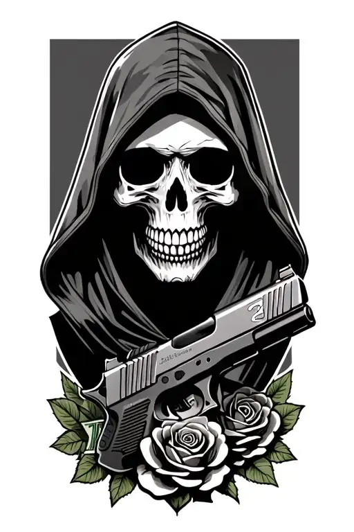 skull wearing a hood holding a glock 19 frontwards with money and roses below also make it detailed  tattoo design idea