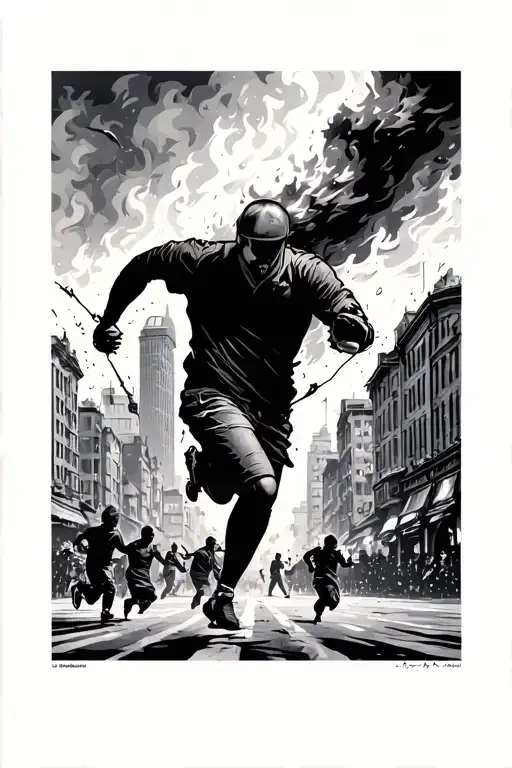 street in a city burning, people running, realistic tattoo design idea