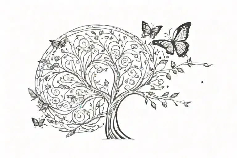 cancer goddess on right side of chest with tree of life in the centre of chest also incorporate butterflies and flowers. tattoo design idea