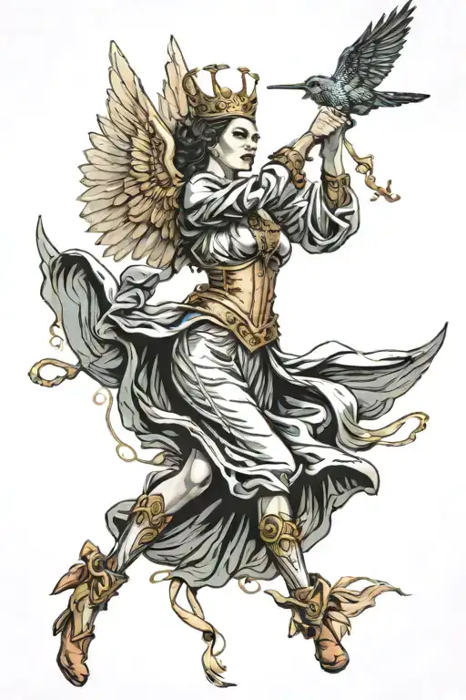 woman magician with wings and scepter flies into battle honor courage tattoo design idea