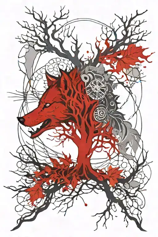 Tattoo sketch with a mythical wolf with red eyes that merges with the tree of life igdrasil tattoo design idea