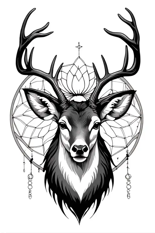 4 tier representing different aspects deer buck head, thin lined lotus flower, dream catcher, Sagittarius zodiac sign tattoo design idea