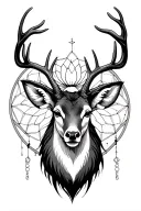 4 tier representing different aspects deer buck head, thin lined lotus flower, dream catcher, Sagittarius zodiac sign tattoo design idea