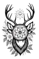 4 tier representing different aspects deer buck head, thin lined lotus flower, dream catcher, Sagittarius zodiac sign tattoo design idea