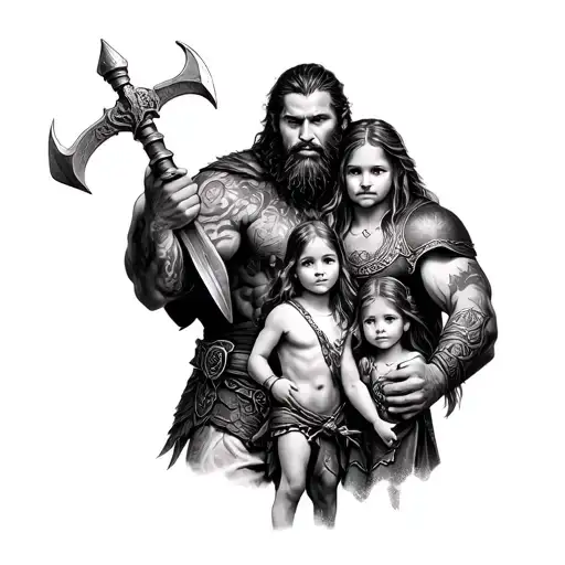 Ultra-realistic black and grey tattoo across left pec, shoulder, and sleeve. Viking family scene: strong Viking father,  tattoo design idea