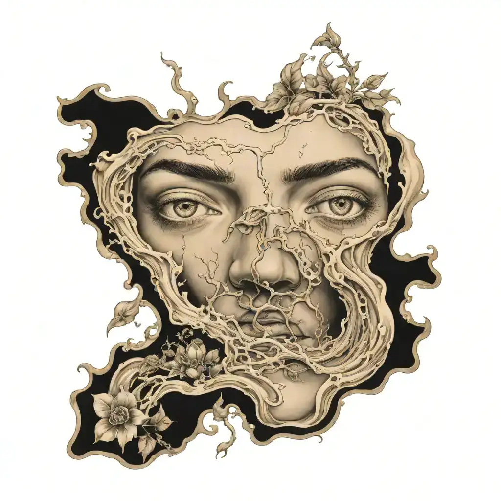Picture of surrealistic water flowing from eyes and nature by salvador dali, highly detailed, intricate, cinematic, dreamy, surrealism tattoo tattoo design idea