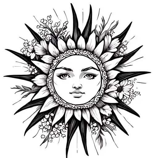 Sun tattoo in black ink with rays made of Lily of the Valley, Larkspur, Cosmos, Daisy, and Iris flowers. tattoo design idea