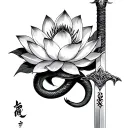 a sword with lotus flower blooming and a snake w masce ghostface tattoo design idea