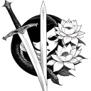 a sword with lotus flower blooming and a snake w masce ghostface tattoo design idea