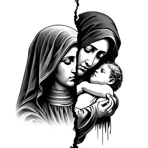 Tattoo split diagonally of mother mary in mourning and a palestinian mother mourning her child  tattoo design idea
