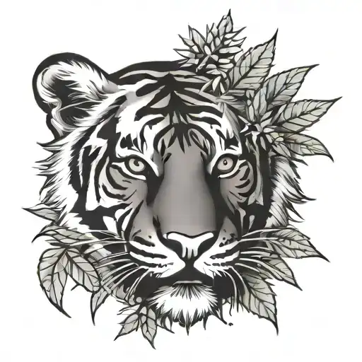 Tiger face surrounded by marijuana leaves tattoo design idea
