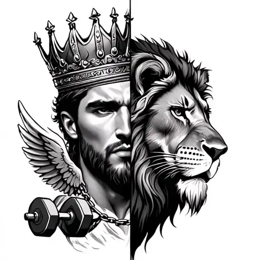 half face of man and half face of lion wearing crown and add wings and dumbell and chains  tattoo design idea