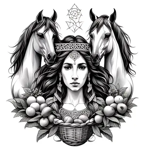 Celtic Goddess, Epona. surrounded by Horses and with a basket of fruit tattoo design idea