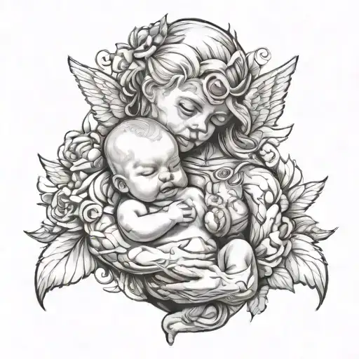 A baby in the arms of an angelic bodybuilder tattoo design idea