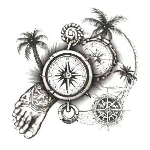 Compass, children's feet, map of Thailand, palm tree, bracelet, Maori tattoo design idea