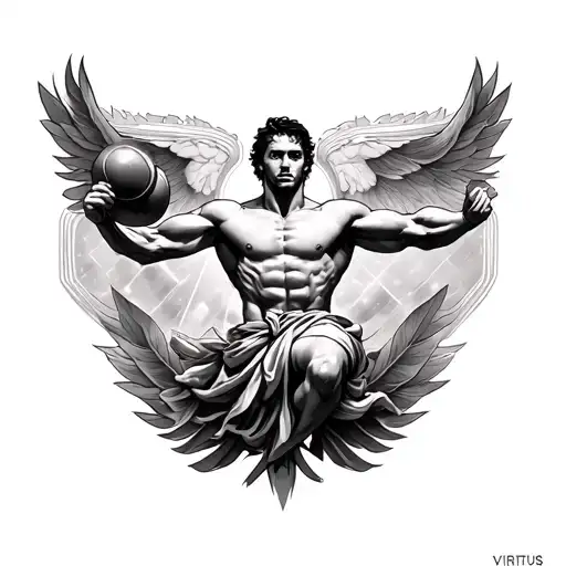 A mythologically driven, emotionally resonant full sleeve based on Virtus, depicting the trials of the athlete, from iso tattoo design idea