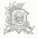 badge tattoo, military style. monchrone, stencil highly detailed, drawing , banner, banner says Mors Mihi ets Artis, war tattoo design idea
